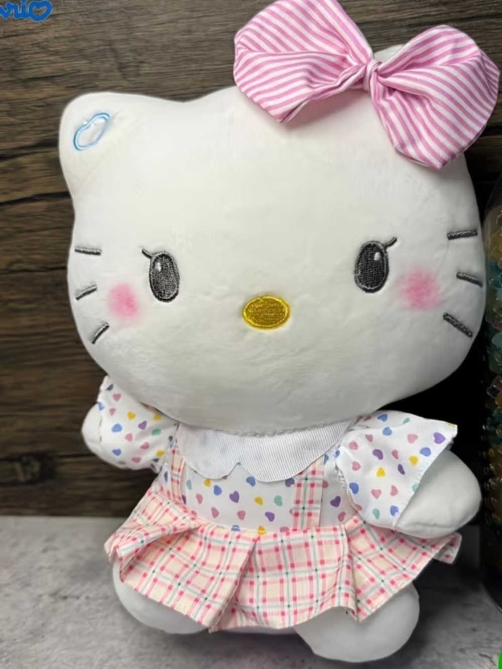 Hello Kitty Plush 9” with White and Pink Striped Bow! - Picture 2 of 3